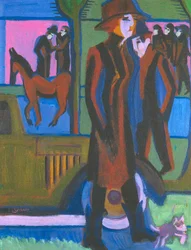 Dame marchant avec un petit chien